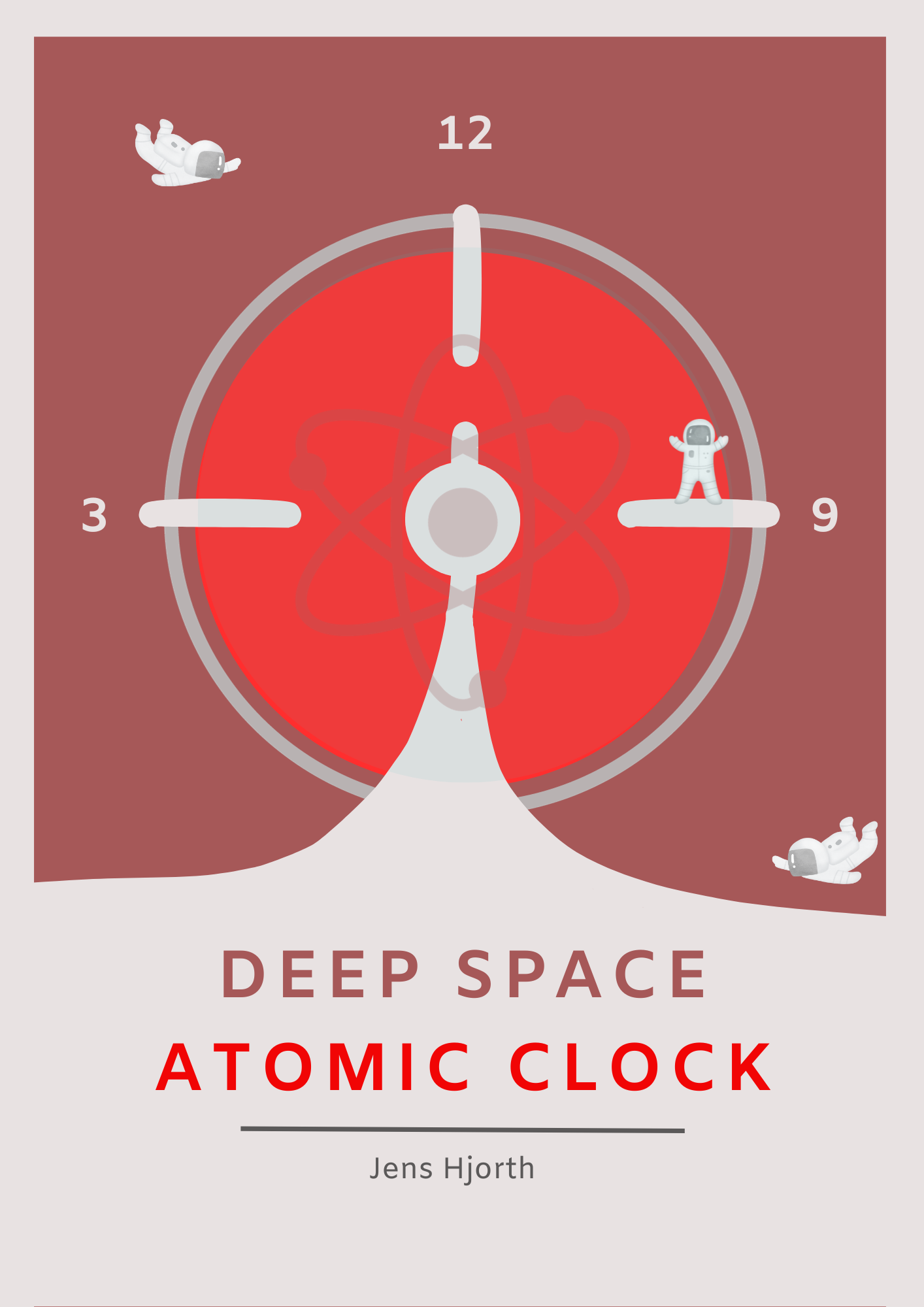 Plakat af et atom ur og rummænd i rød